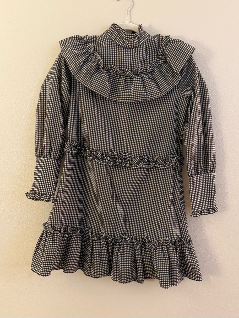 Ganni Black and White Gingham Ruffle Mini Dress